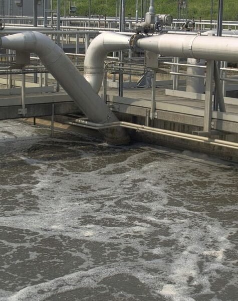 Aerated activated sludge tank at a wastewater treatment plant.